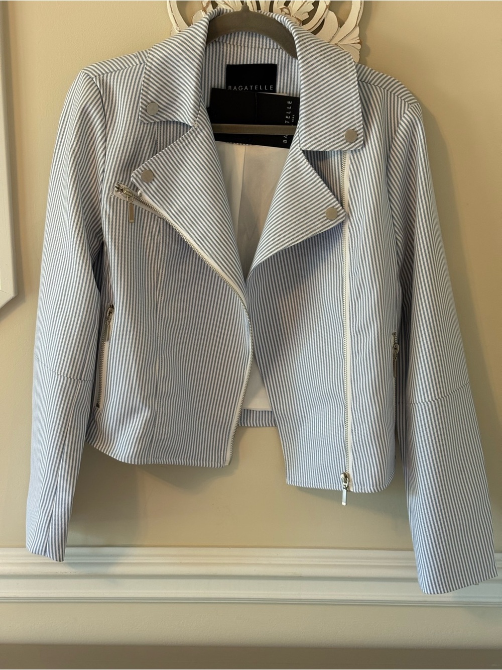 bagatelle Light Blue and White Pinstripe Moto Jacket